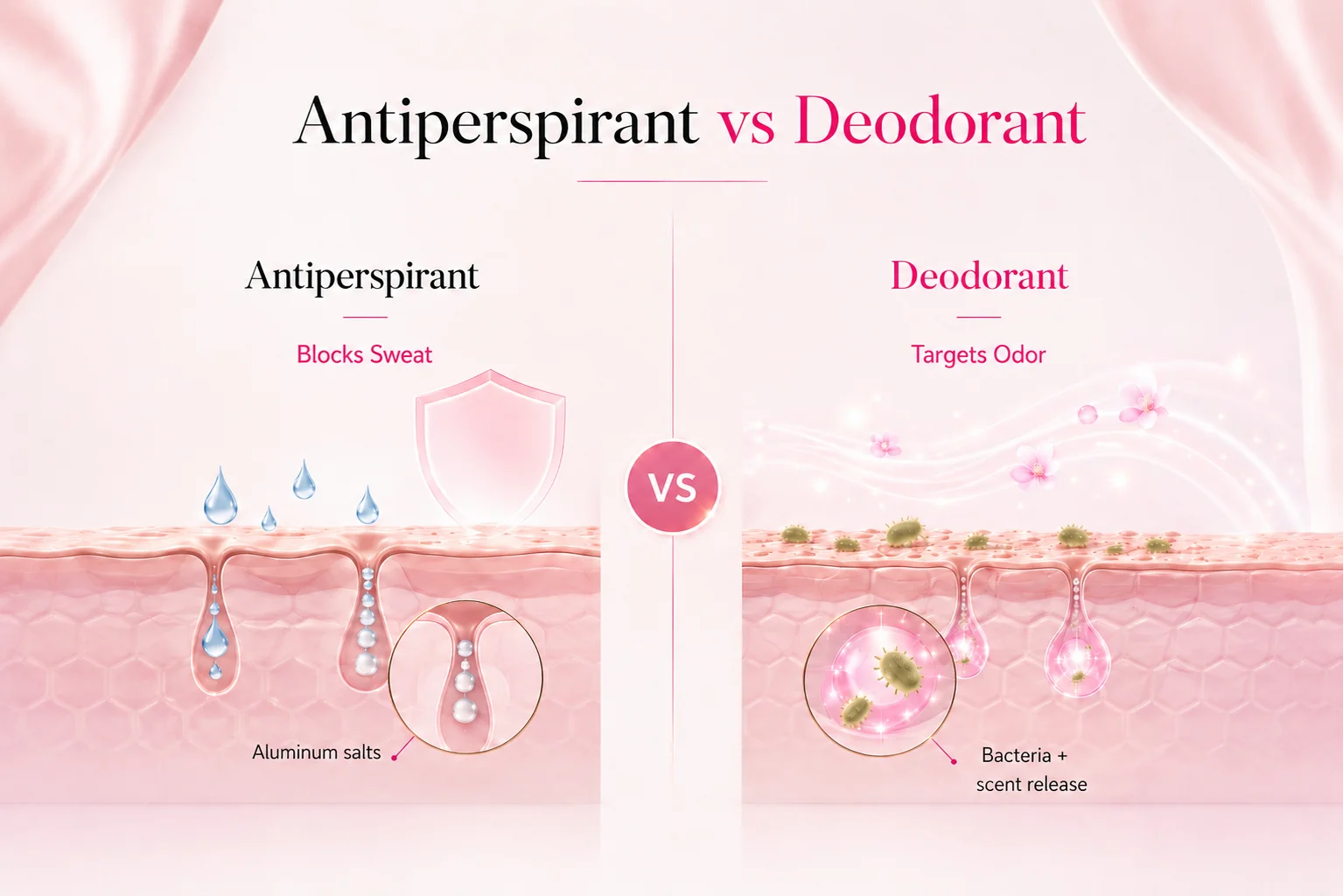Diagram comparing how antiperspirant blocks sweat and deodorant targets odour