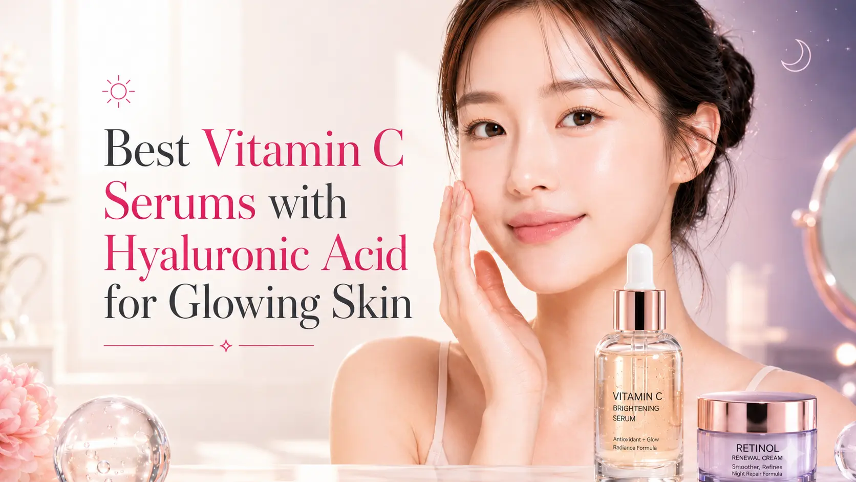 Woman with vitamin C serum and hyaluronic acid skincare for glowing skin