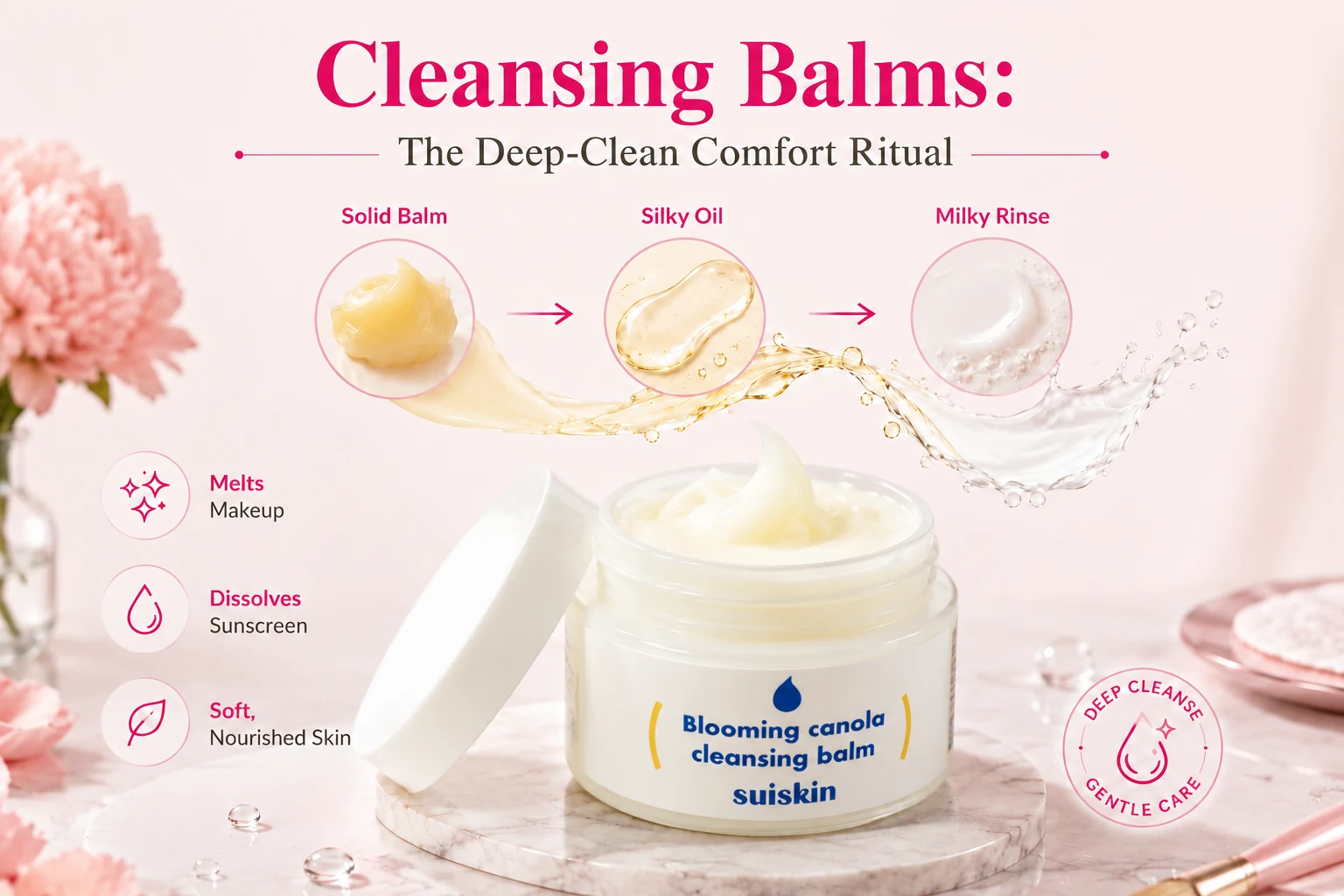SuiSkin Blooming Canola Cleansing Balm changing from solid balm to silky oil and milky rinse to remove makeup and sunscreen.