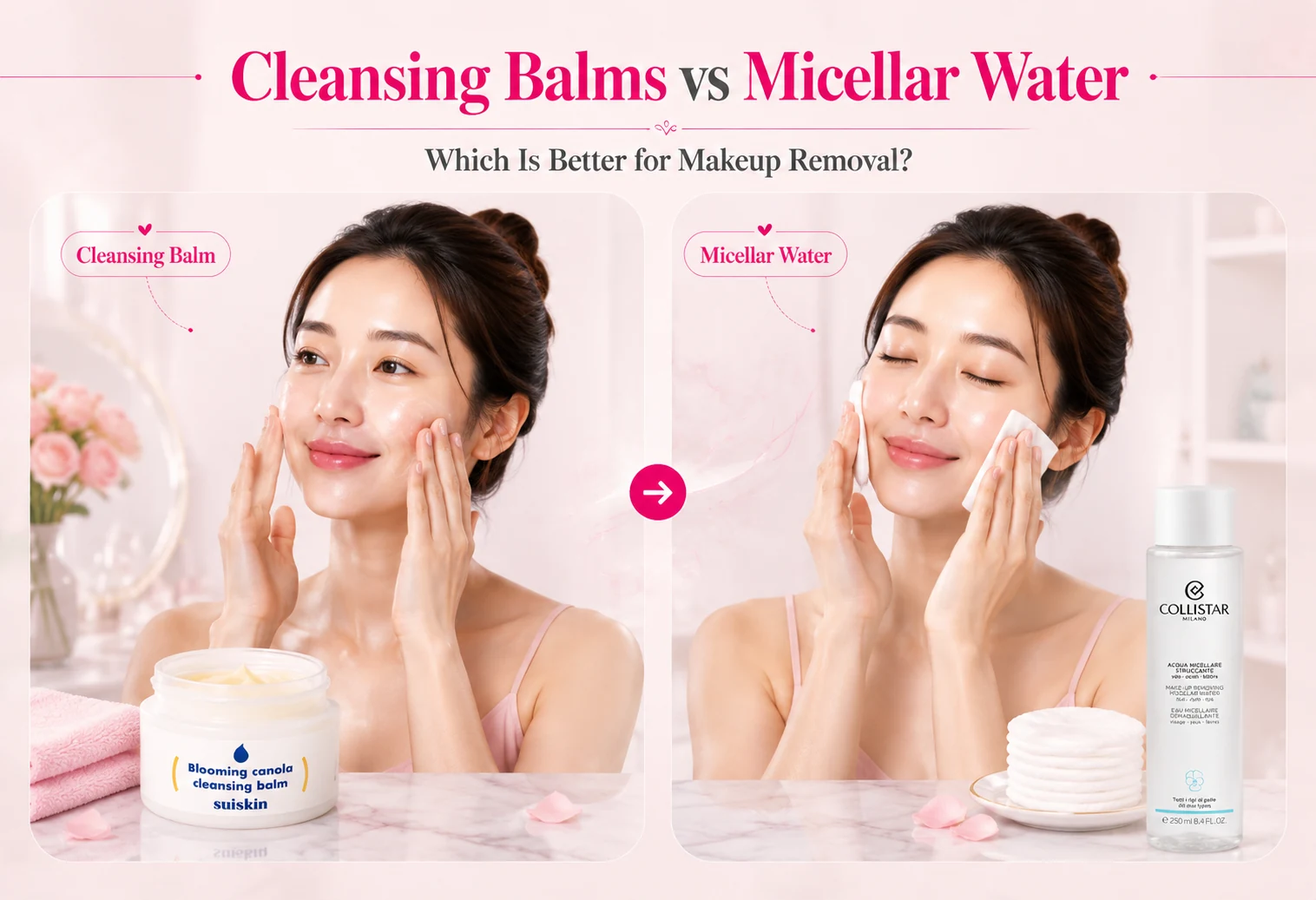 Woman demonstrating cleansing balm and micellar water methods in a side-by-side makeup remover comparison.