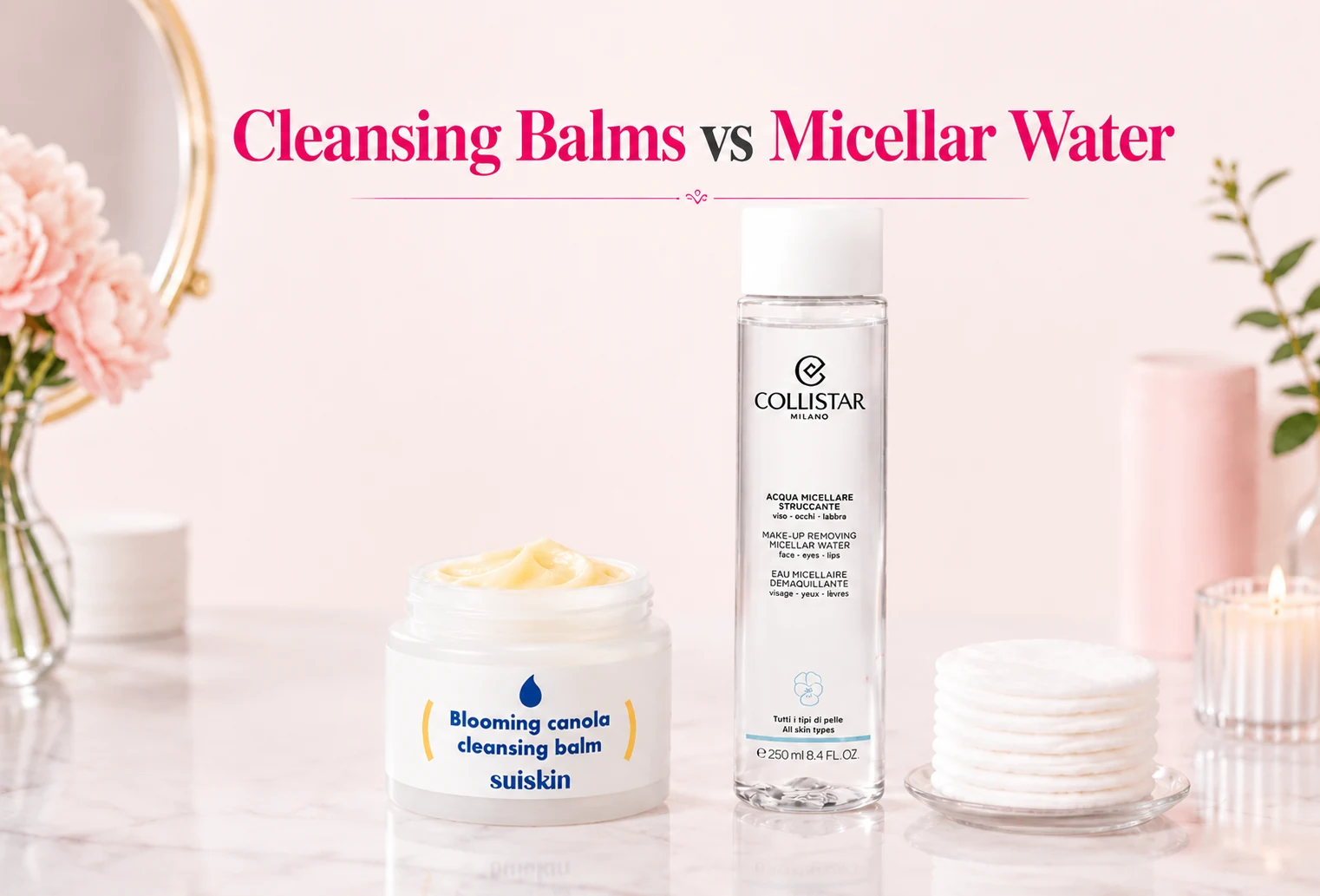 SuiSkin cleansing balm and Collistar micellar water side by side for a makeup remover comparison.