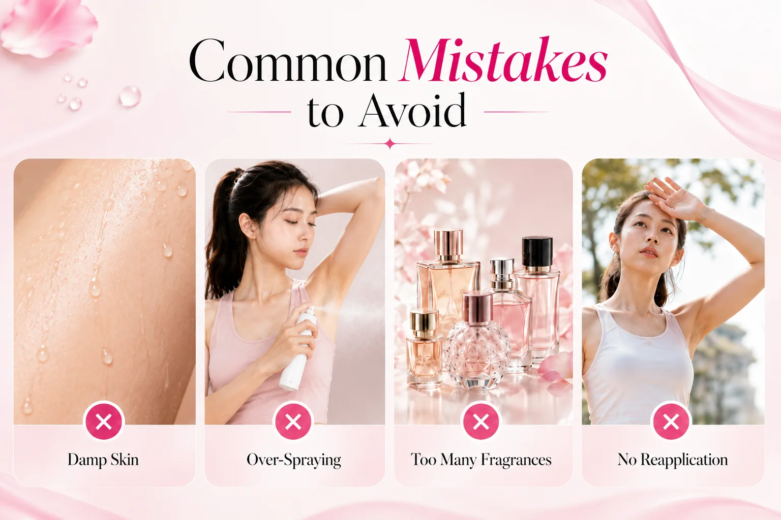 Common deodorant mistakes: applying on damp skin, overspraying, mixing fragrances and not reapplying