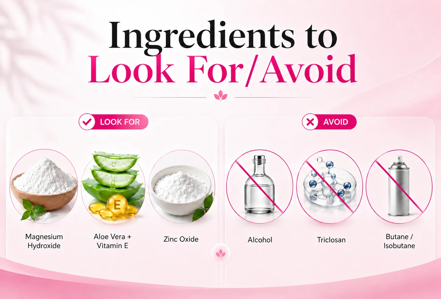 Deodorant ingredients to look for and avoid, including magnesium hydroxide, aloe vera, zinc oxide, alcohol, triclosan and butane