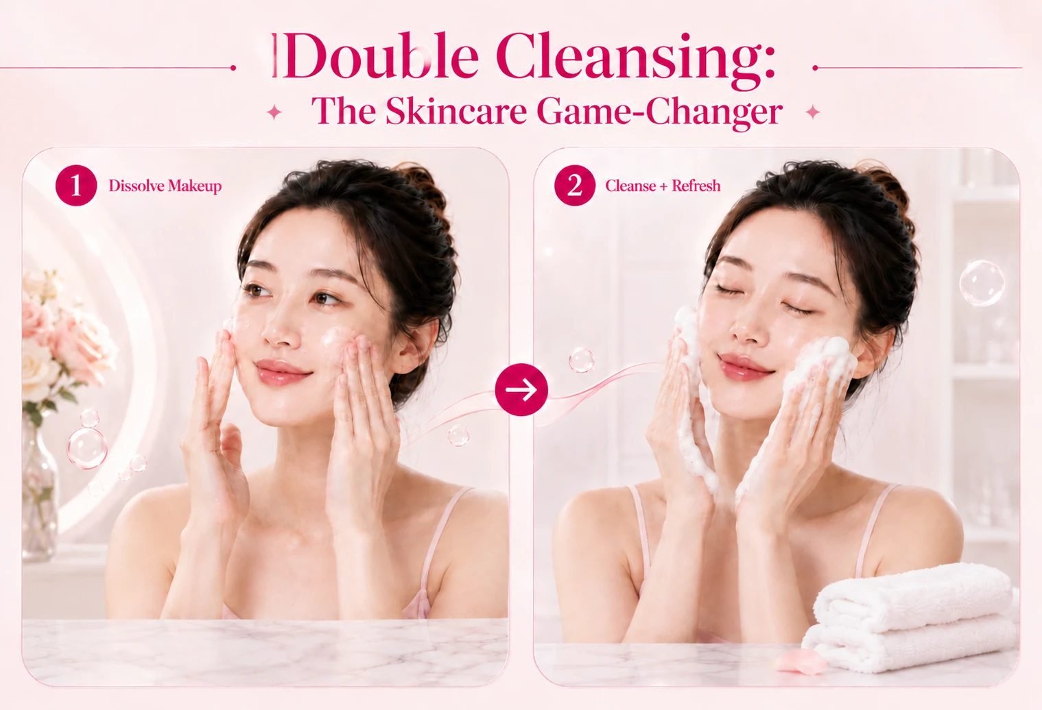 Two-step double cleansing routine showing makeup dissolved with balm, followed by a refreshing water-based cleanse.