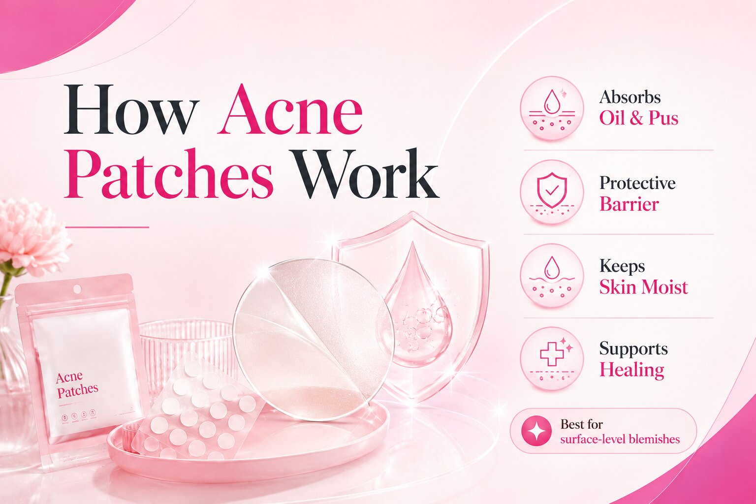 Illustration showing how acne patches absorb impurities protect skin and support healing