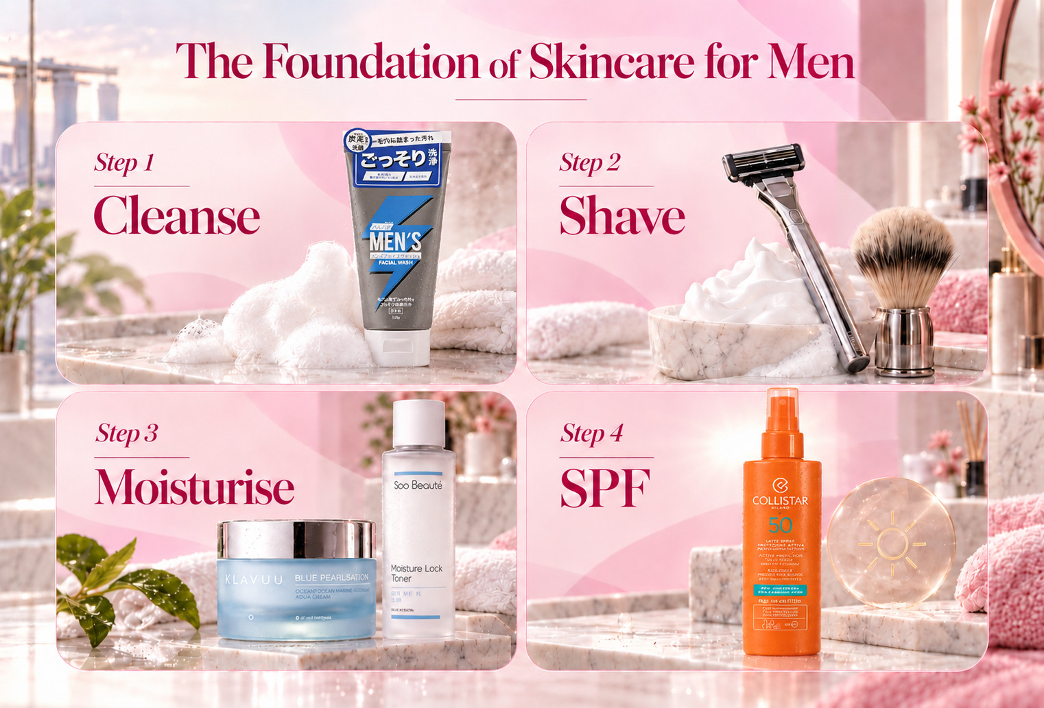 Complete men's skincare routine showing cleansing, shaving, moisturising and SPF protection steps