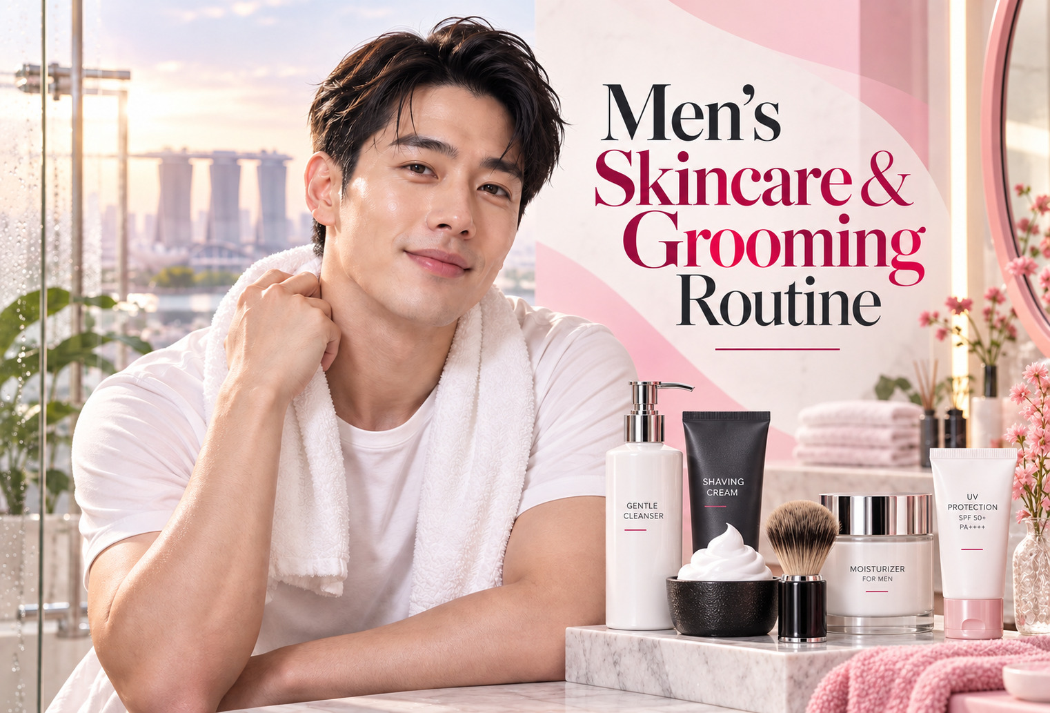 Men's skincare and grooming routine essentials with facial care products