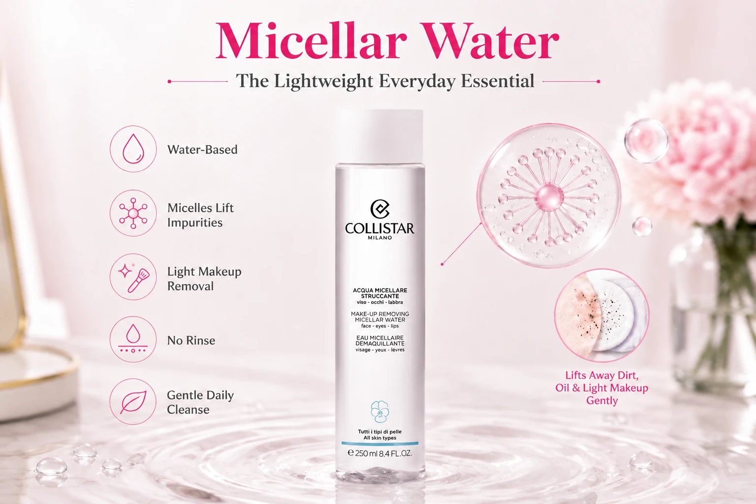 Collistar micellar water infographic showing micelles lifting dirt, oil, and light makeup for a gentle no-rinse cleanse