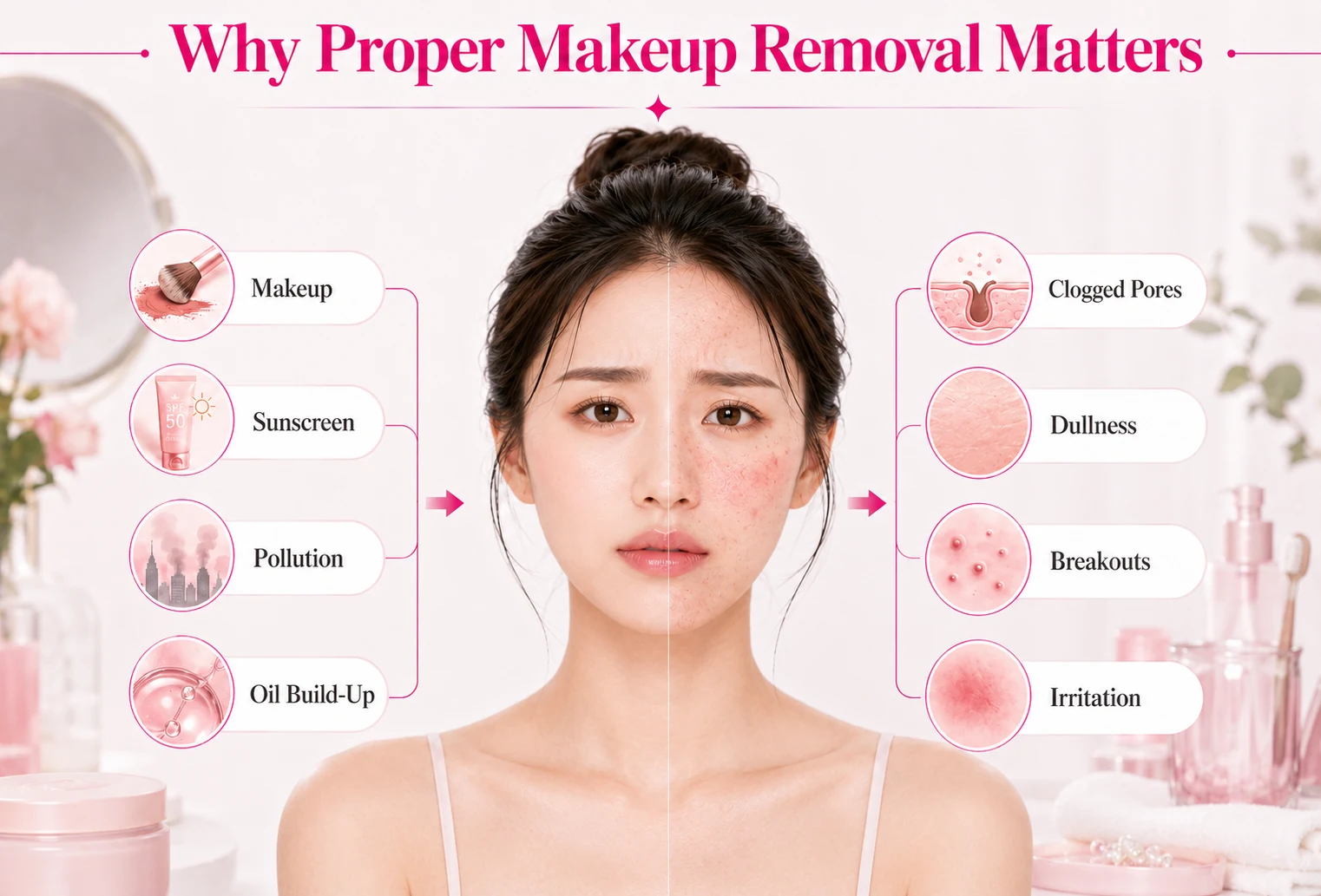 Infographic showing makeup, sunscreen, pollution, and oil buildup causing clogged pores, dullness, breakouts, and irritation.