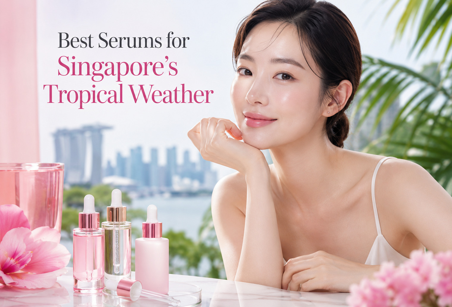 Woman applying face serum as part of a daily skincare routine in tropical weather