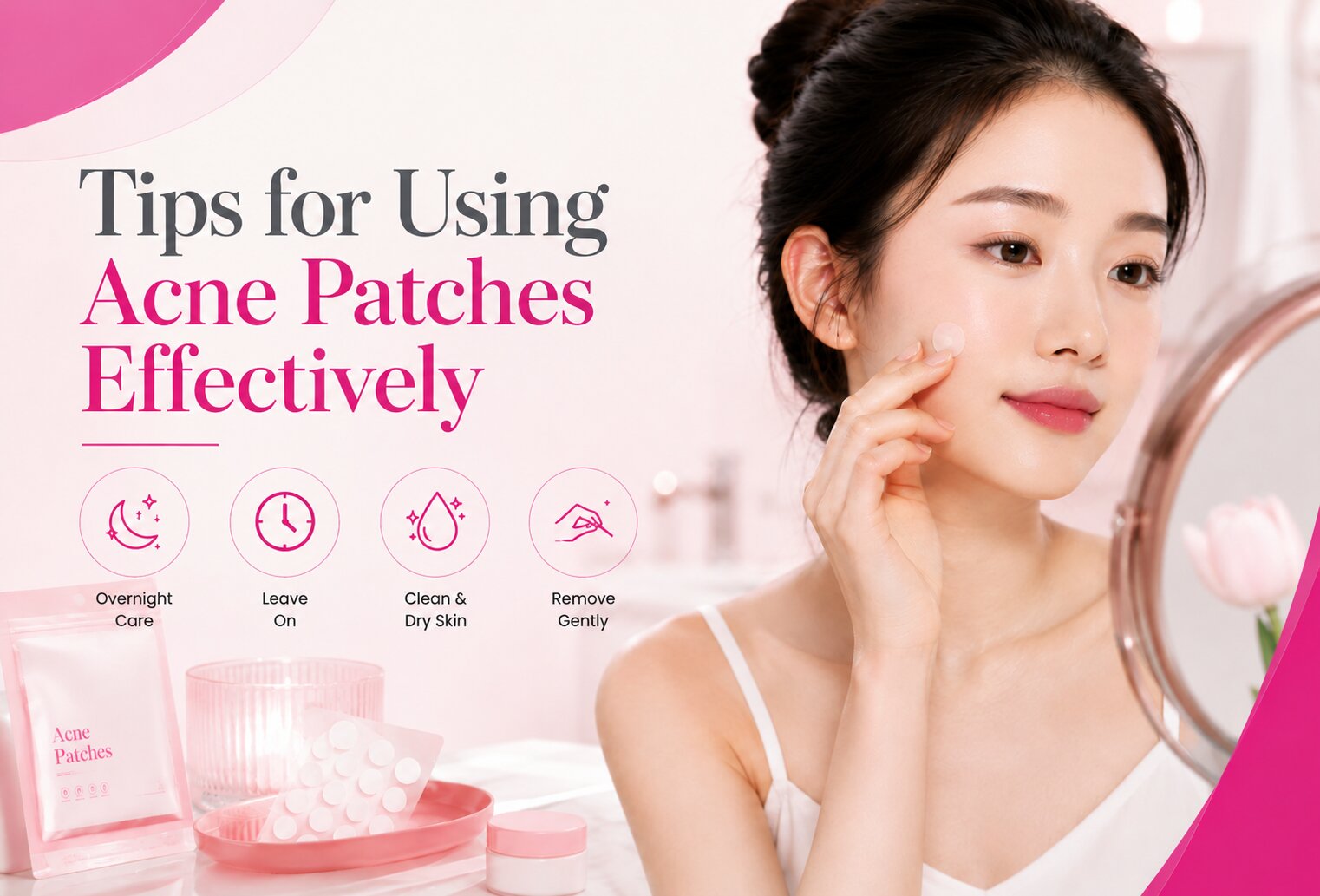 Acne patches placed on skincare packaging with information about reducing acne scars