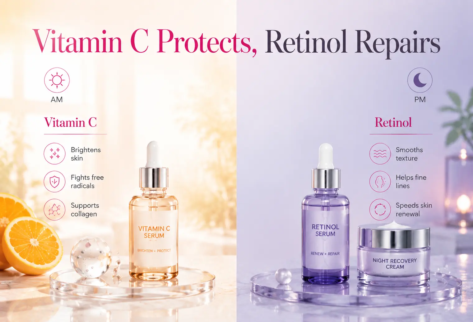 Vitamin C morning protection and retinol night repair skincare routine