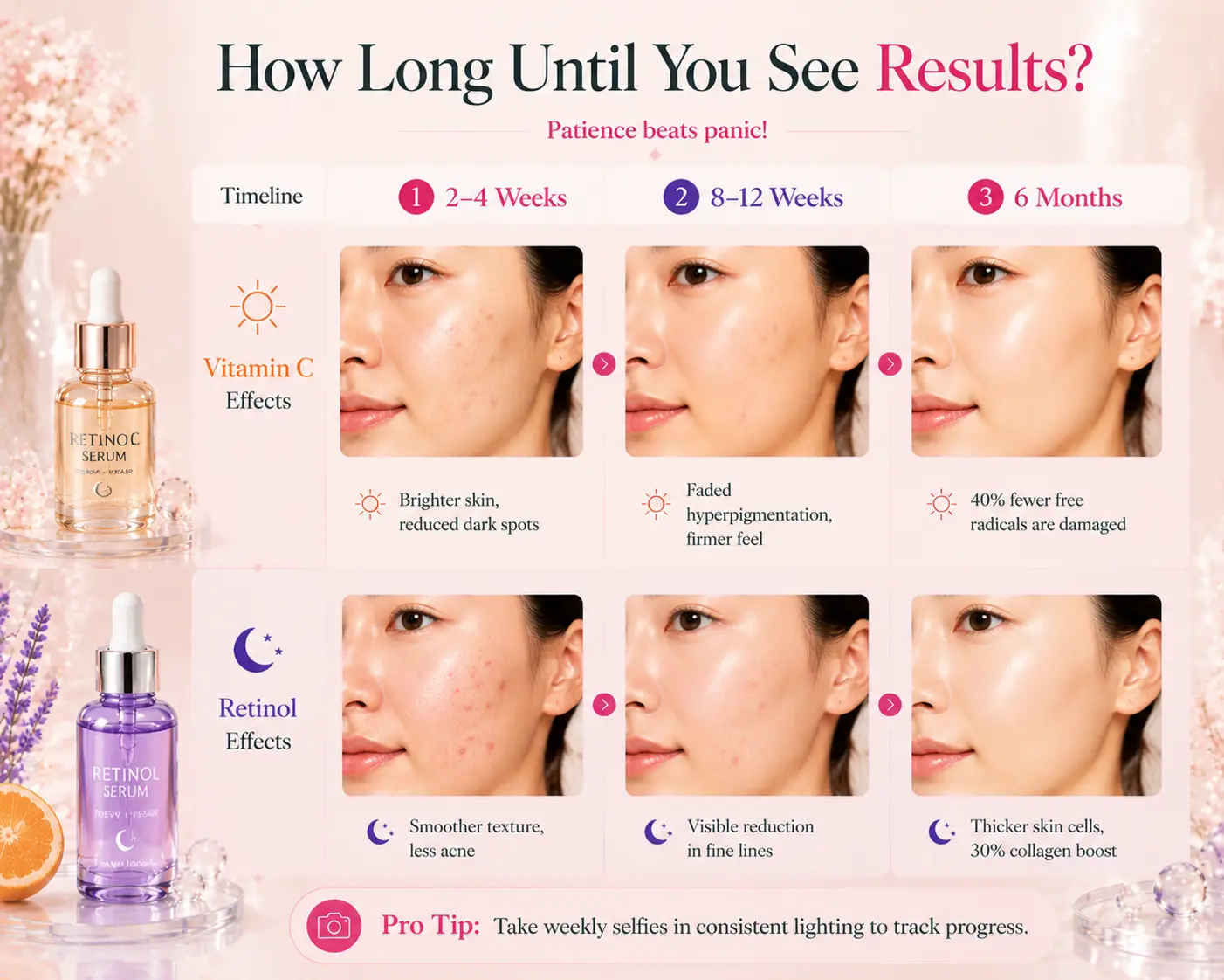 Vitamin C and retinol skincare results timeline from two weeks to six months