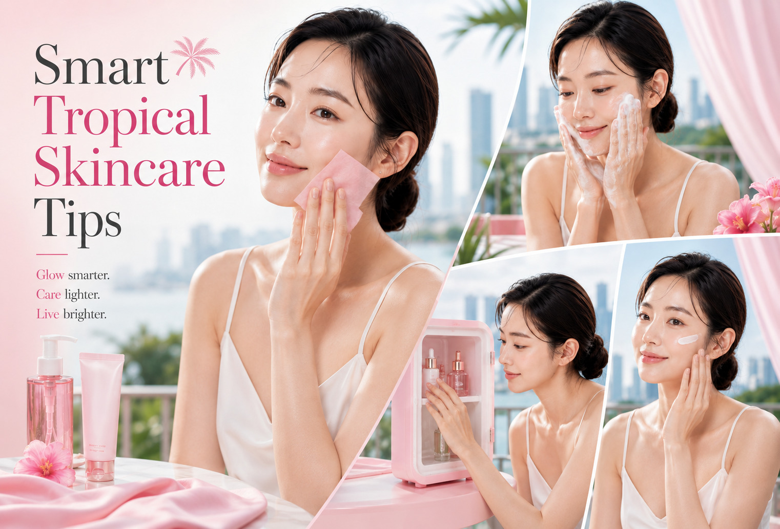 Woman applying face serum as part of a daily skincare routine in tropical weather